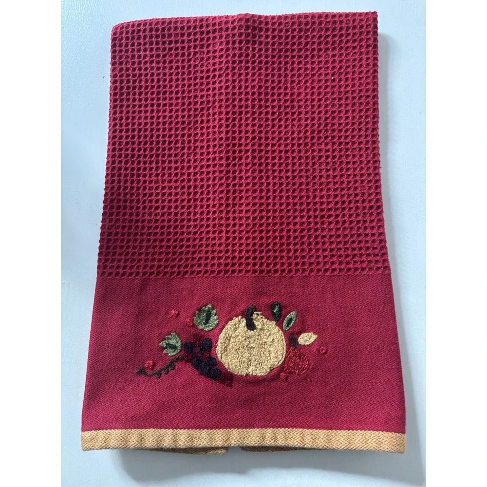 Red Fall Pumpkin And Berries Embroidered Kitchen Towel